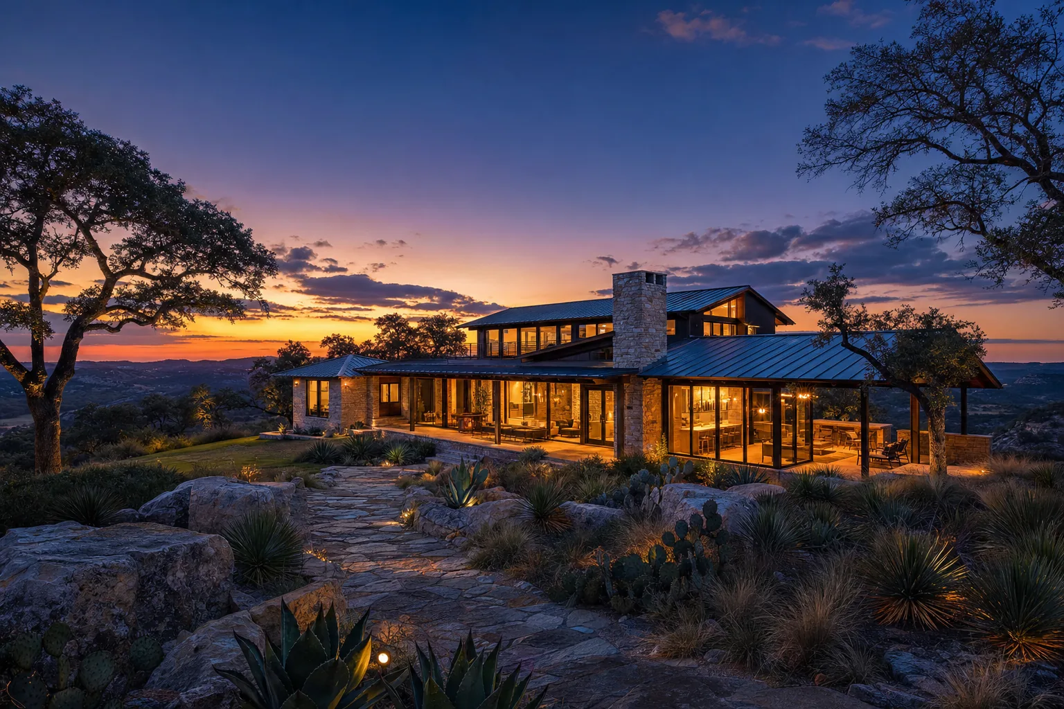 Modern Texas Hill Country ranch home at twilight surrounded by live oaks and native landscape