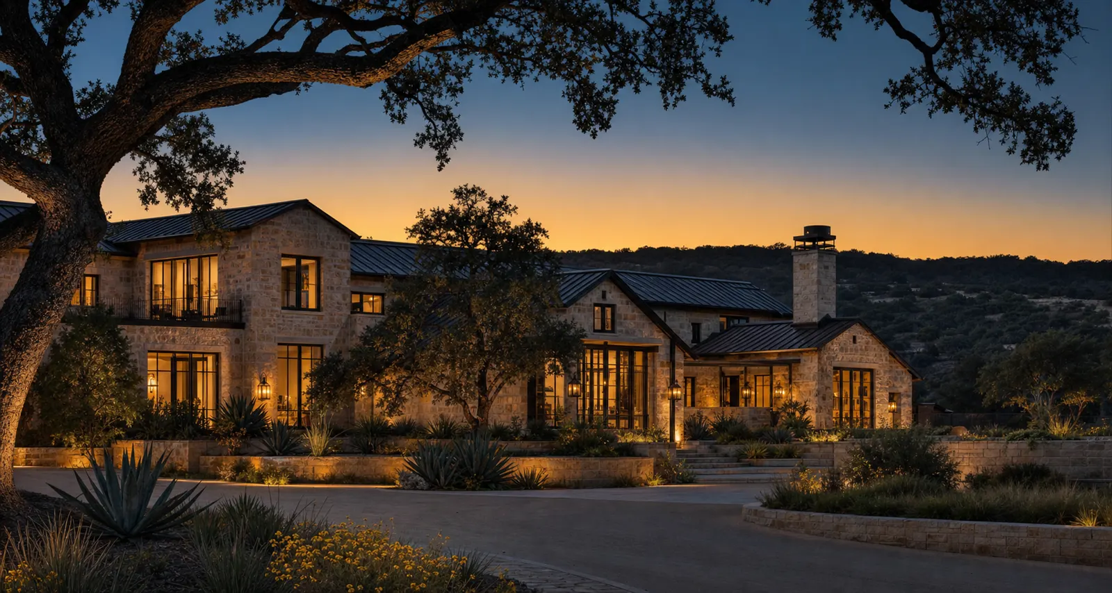 Luxury Texas Hill Country estate at dusk