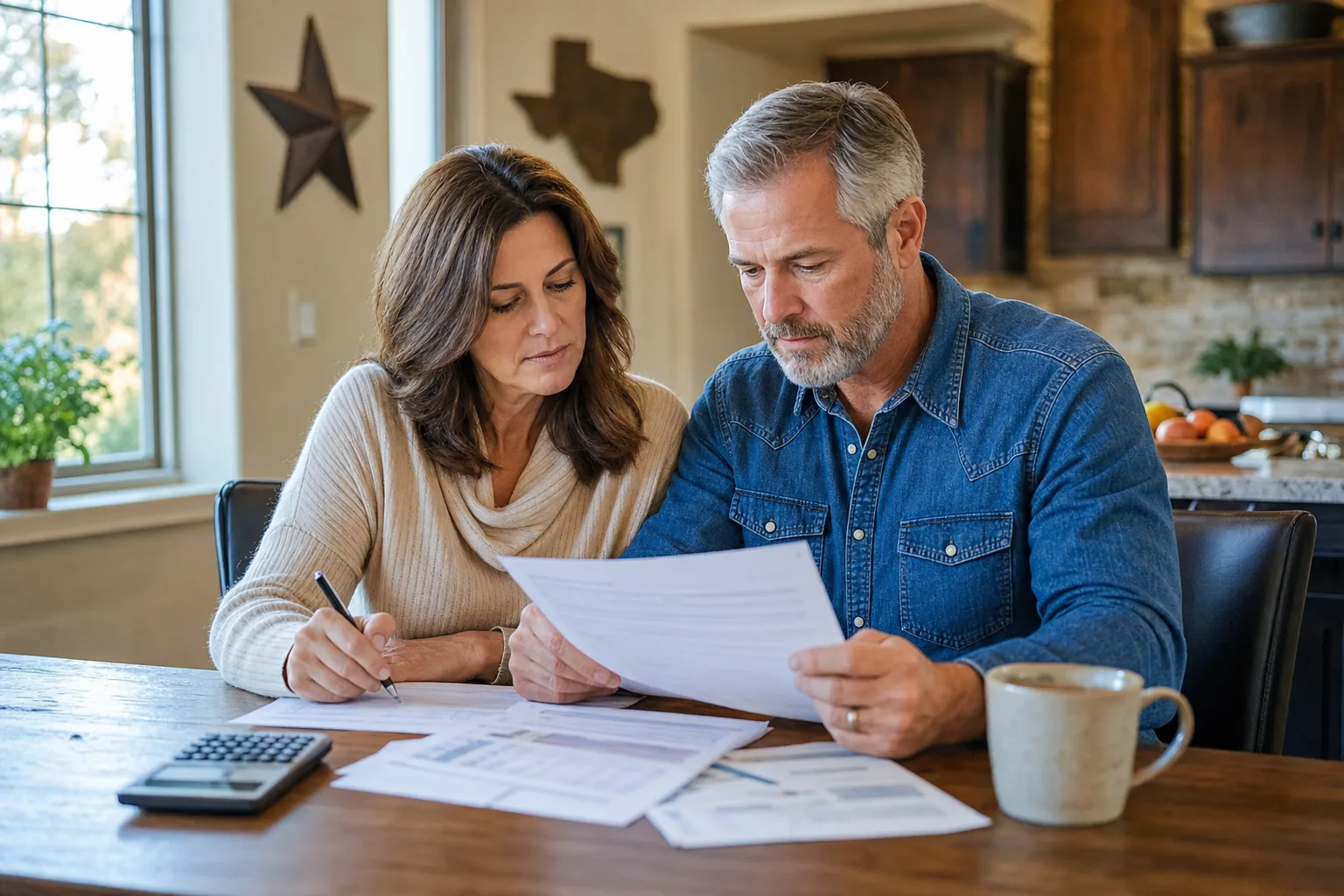 Homeowner couple reviewing refinance paperwork at kitchen table