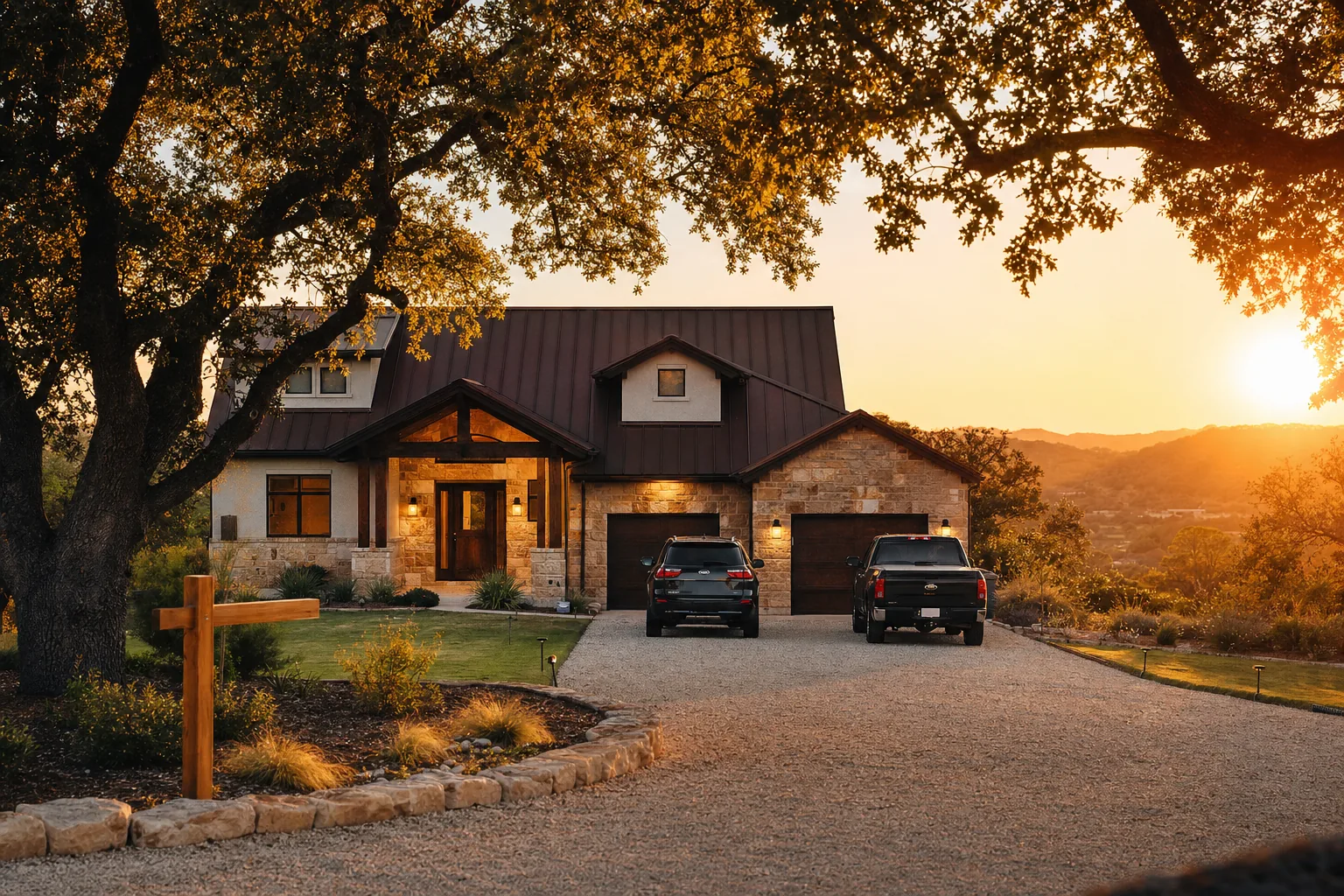 Modern Texas Hill Country rental home at golden hour