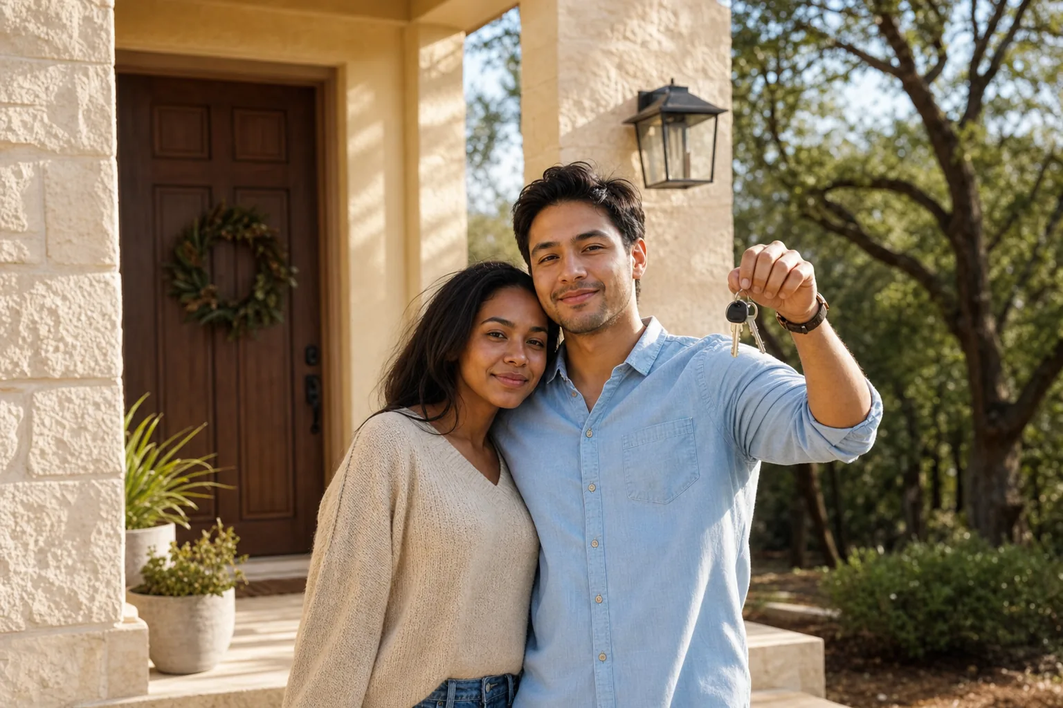 First-time homebuyers standing on the porch of their new home