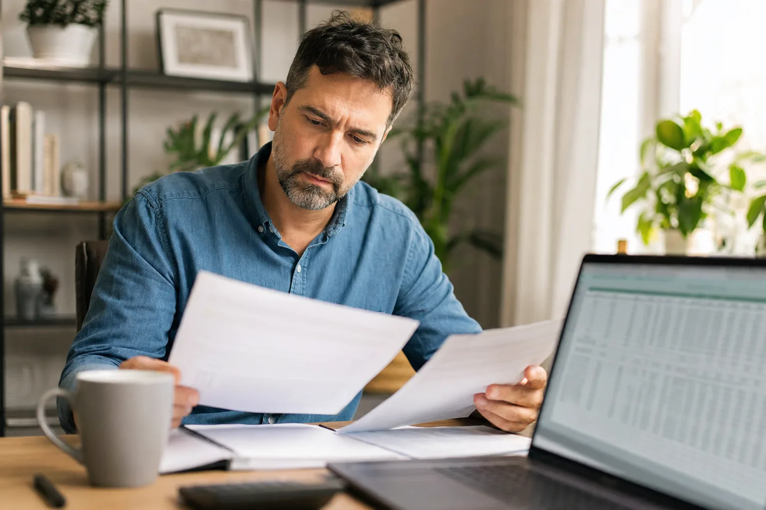 Self-employed business owner reviewing bank statements