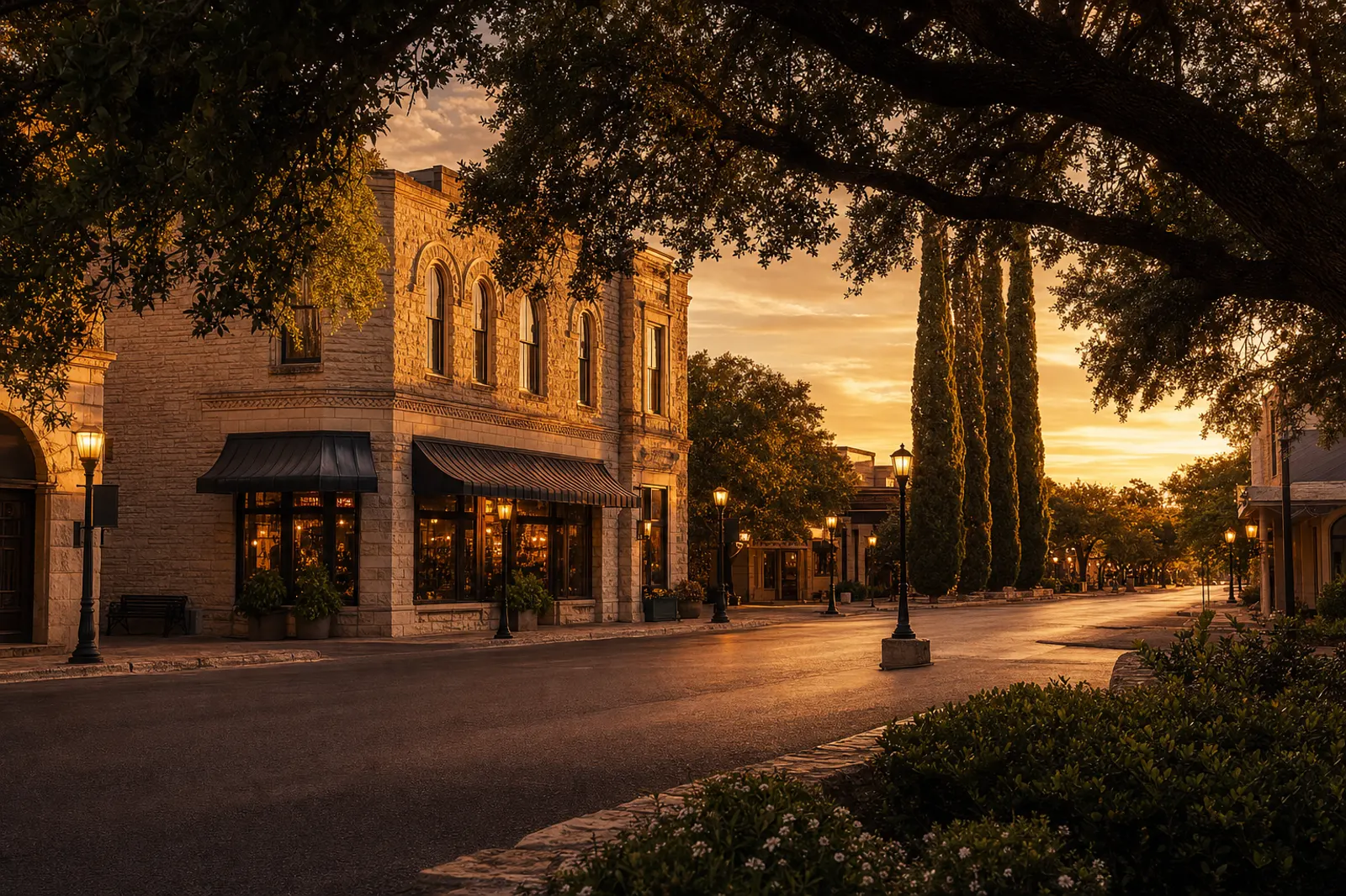 Historic downtown Boerne, TX at dusk