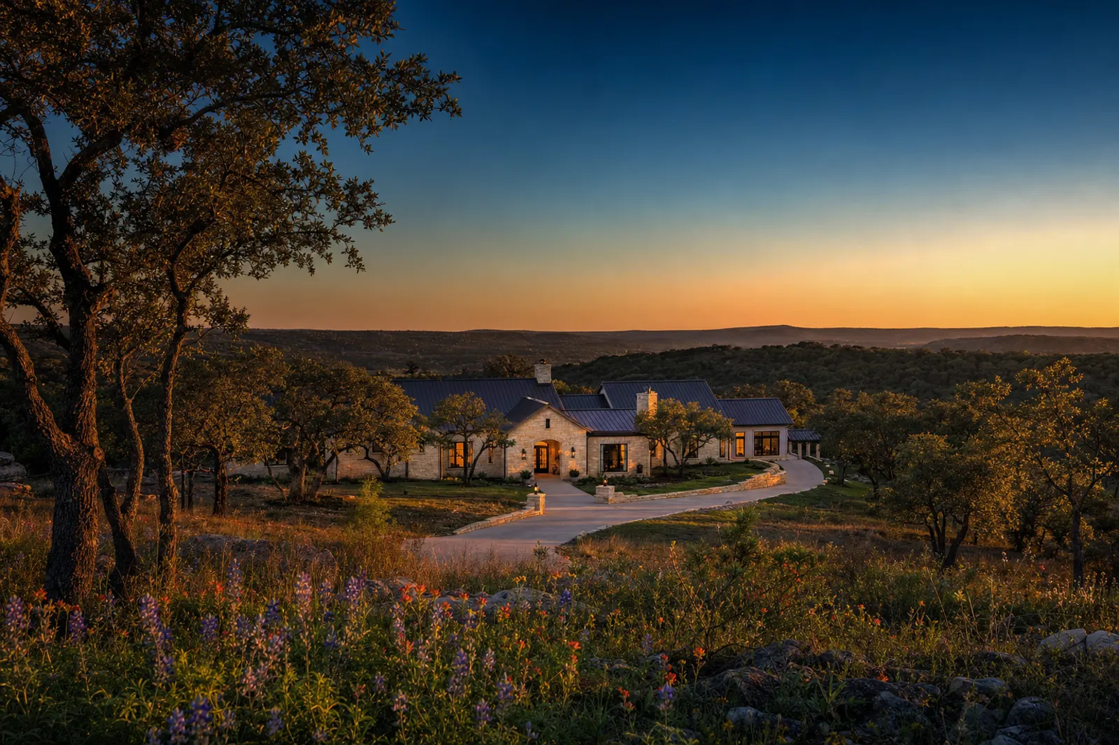 Bulverde acreage estate at golden hour